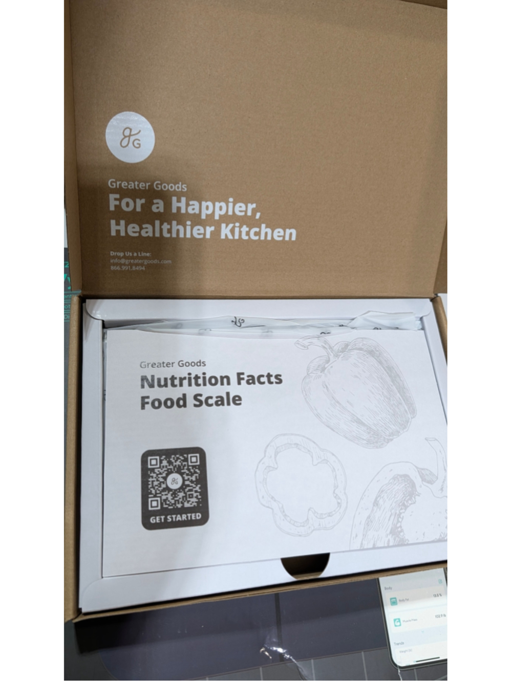 Greater Goods Nutrition Food Scale displaying nutritional facts for food co